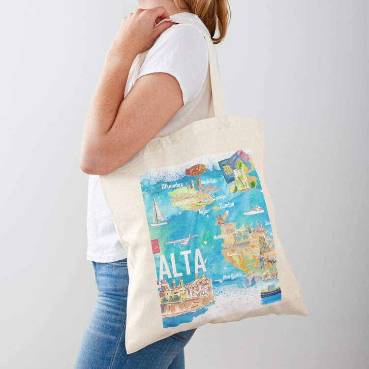 Women Bags Malta - حقيبة قماشية مطبوعة بخريطة الجزيرة المزينة